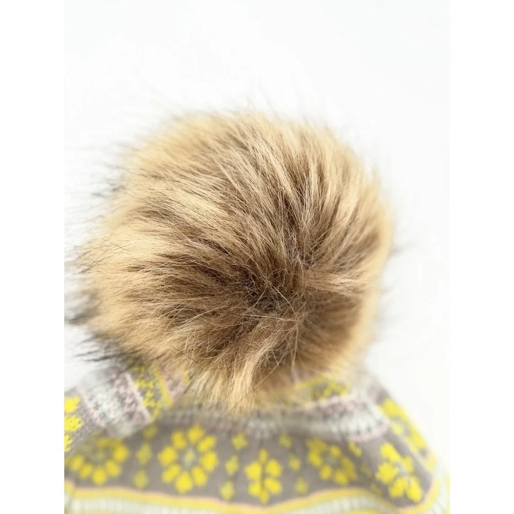 Turtle Fur Merino Wool Pink Yellow Fair Isle Beanie Hat Fleece Faux Fur Pom Pom